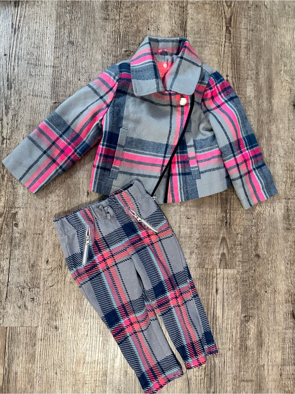 Cherokee Girls Plaid Moto Jacket & Pants Outfit Set Size 2T Gray Pink Gray